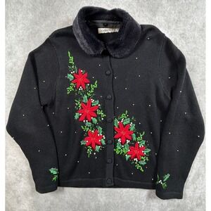 Victoria Jones Vintage Womens Large Cardigan Sweater Poinsettia Christmas Beaded